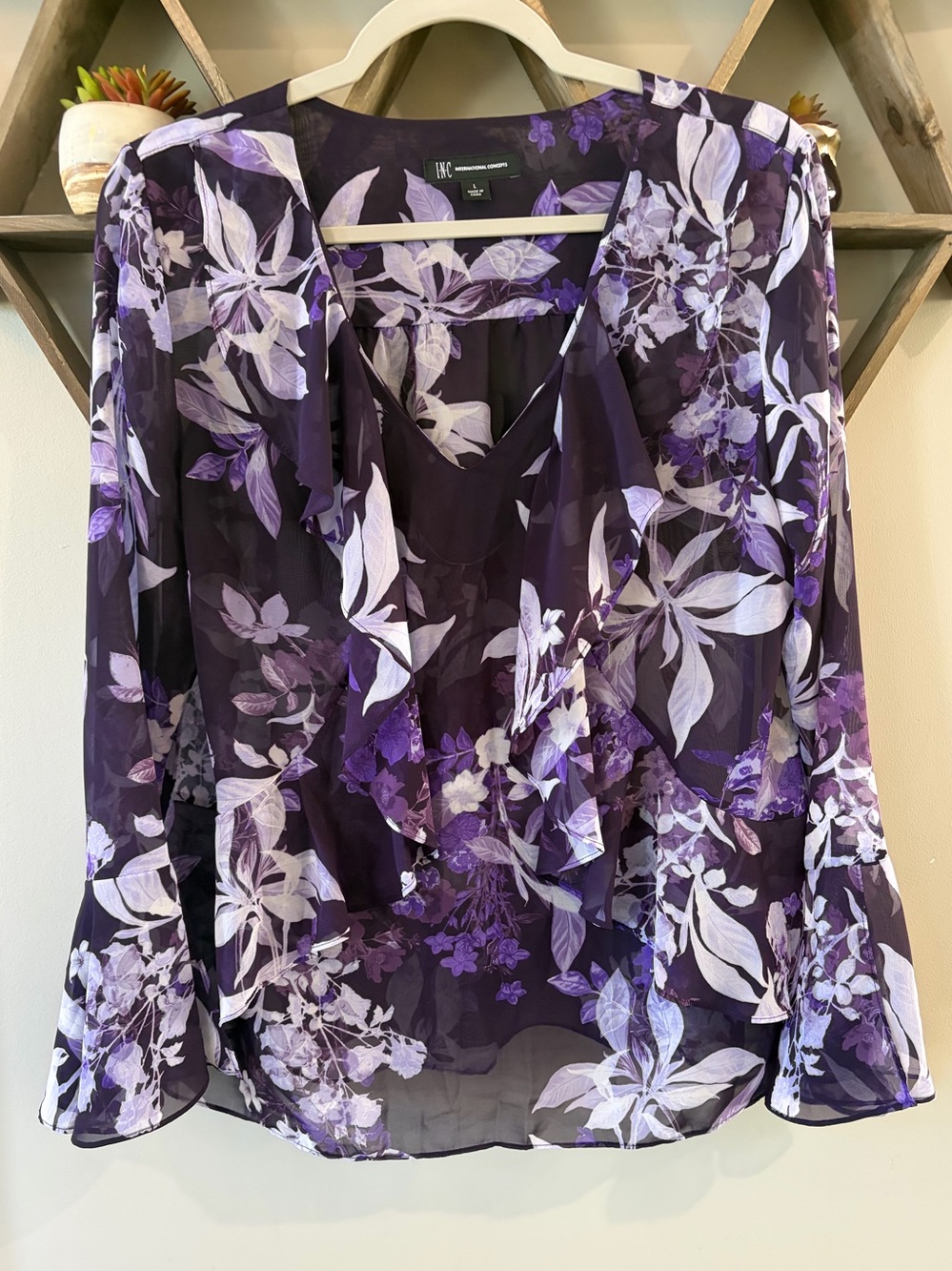 INC purple floral chiffon ruffled blouse with bell sleeves. Size large.